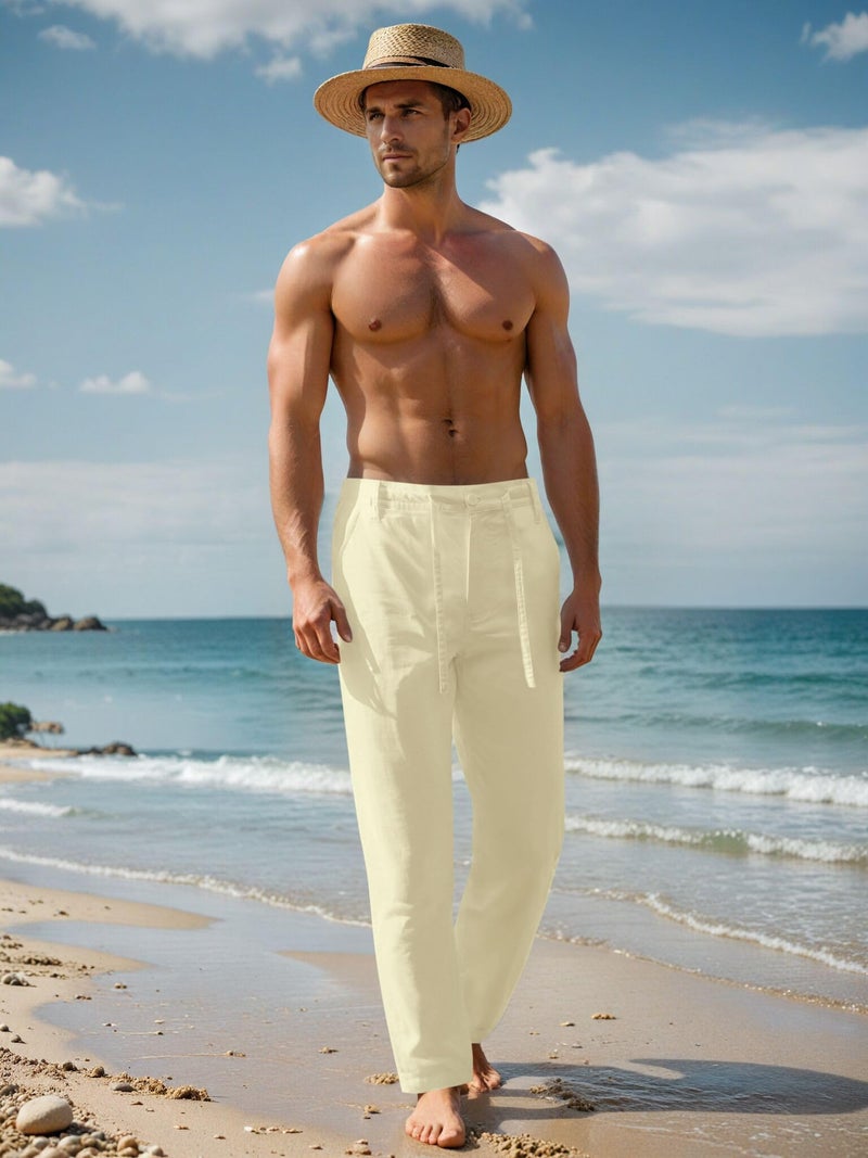 Janmid Men Casual Beach Trousers Linen Summer Pants Beige XL - Image 3